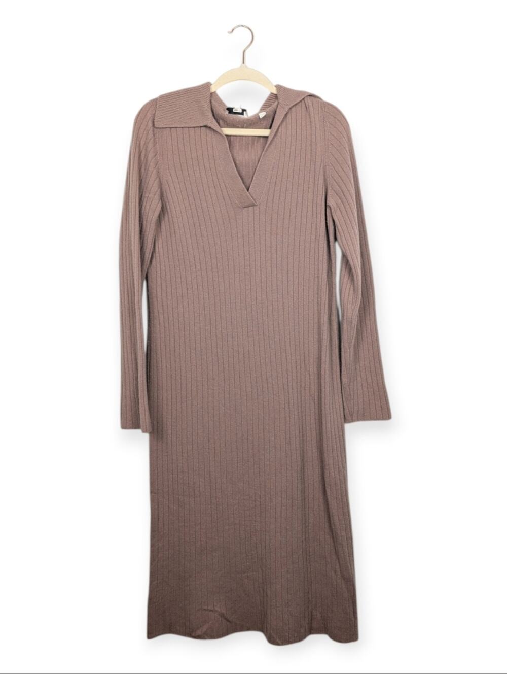 Vince Midi Dress L Wool Cashmere Knit Beet Root Ribbed Long Sleeve Collared